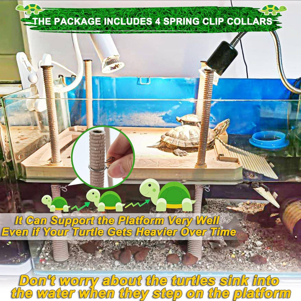 Floating turtle basking dock with feeding area, textured ramp, and spring clip collars