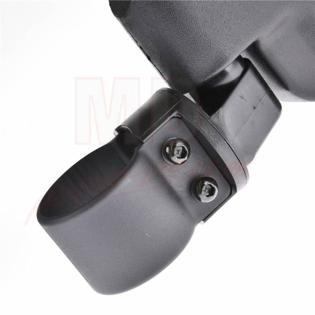 Close-up of black UTV mirror bracket secured with two screws