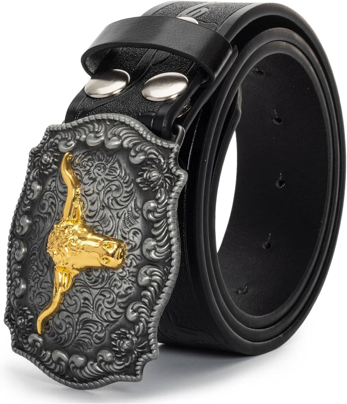 Black western belt with embossed pattern and ornate gold longhorn buckle