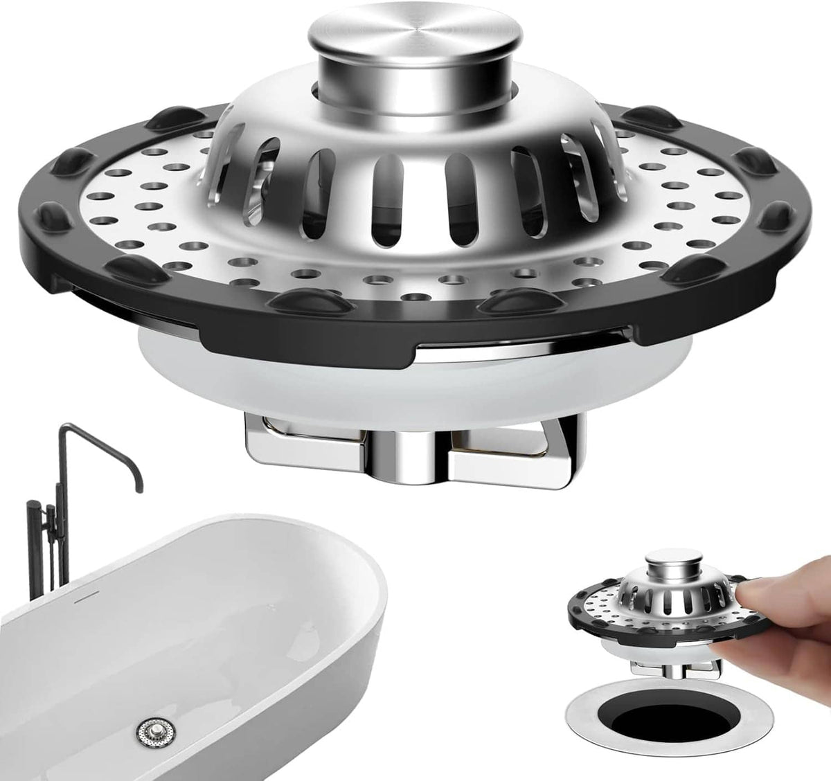Universal drain hair catcher with metal strainer; hand seats it over a round drain opening