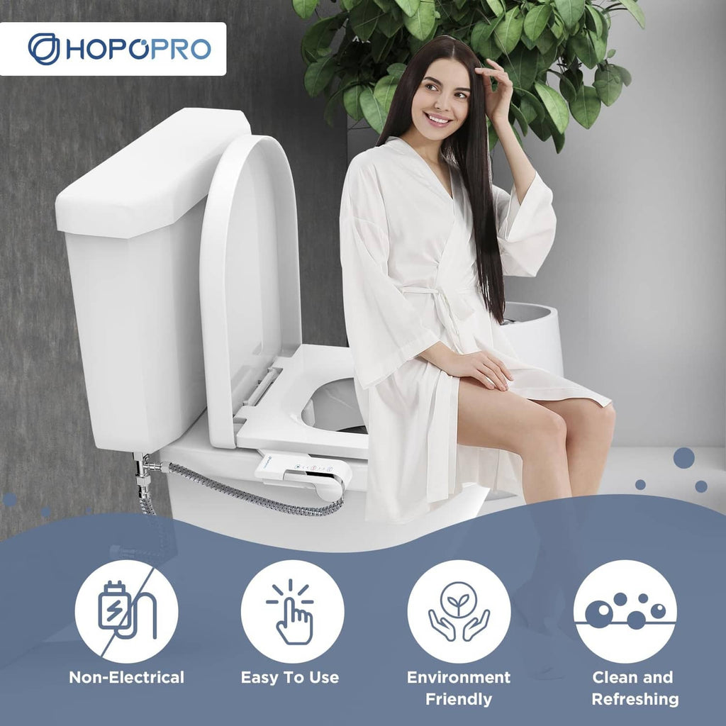 White non-electric bidet attachment mounted on toilet seat with control lever