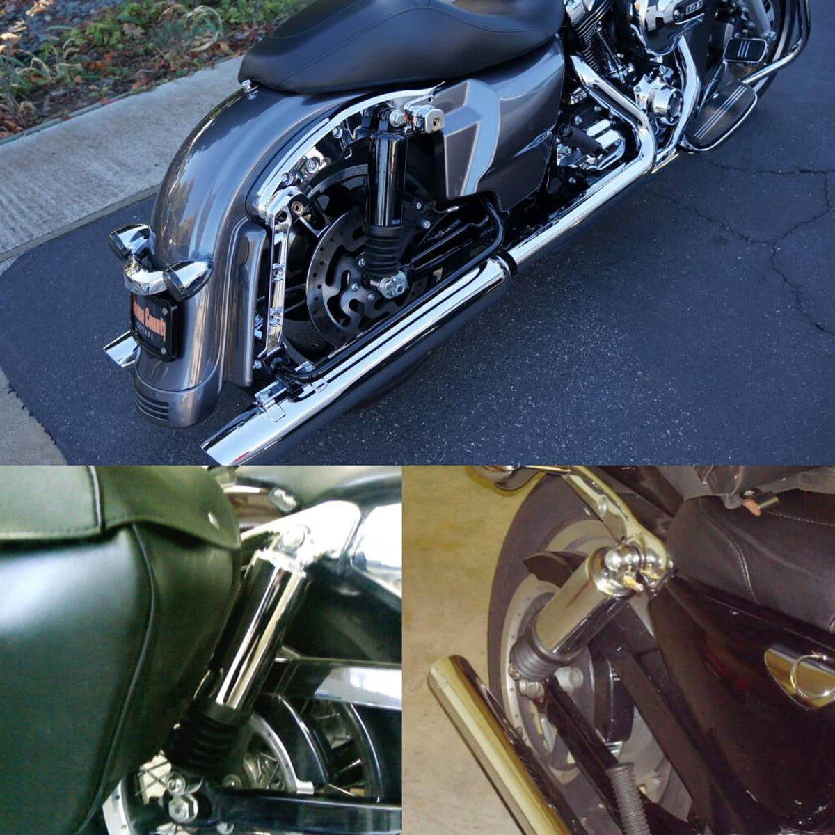 Rear air shock absorbers installed on a motorcycle frame, chrome with black boots