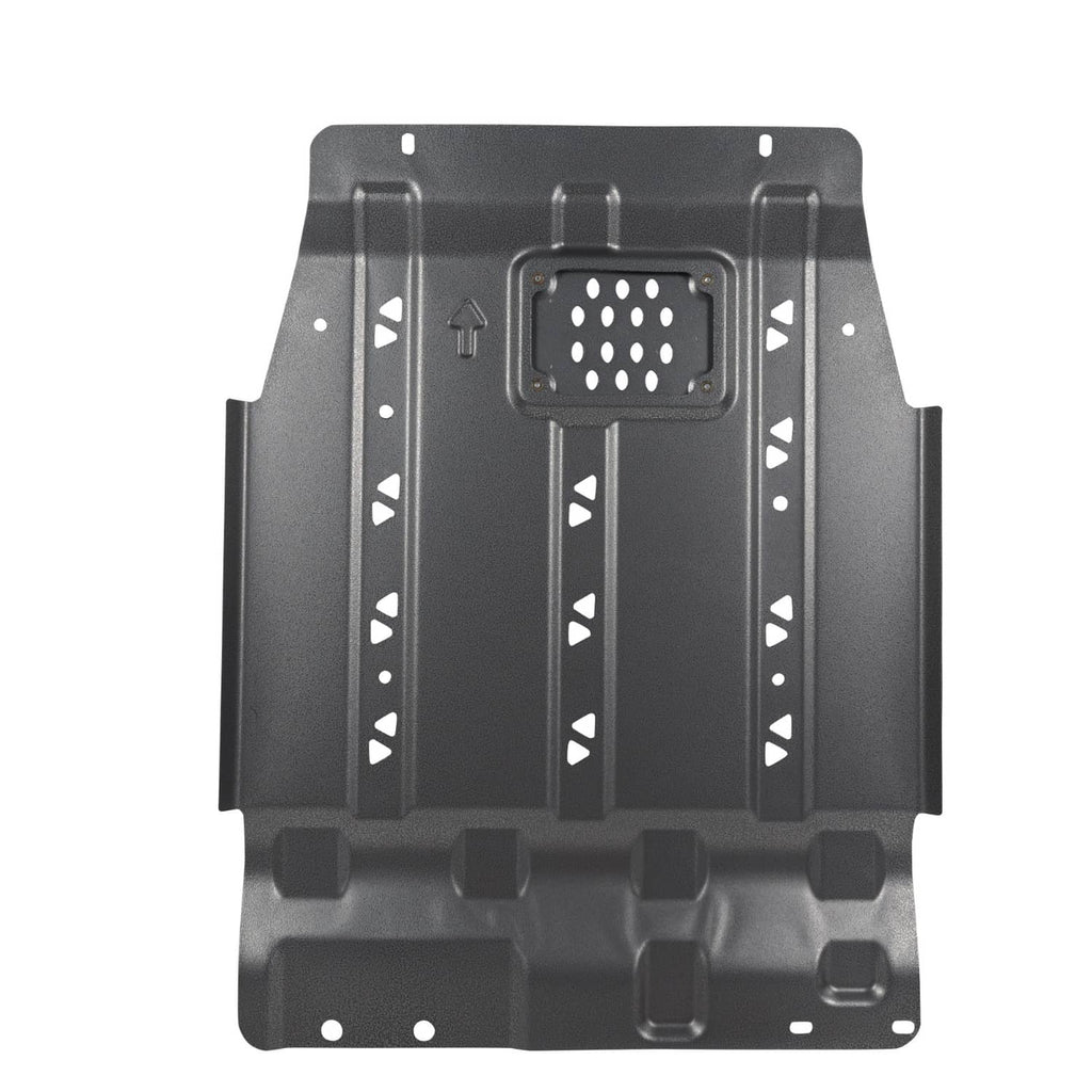 Black transmission skid plate with centered perforated access panel