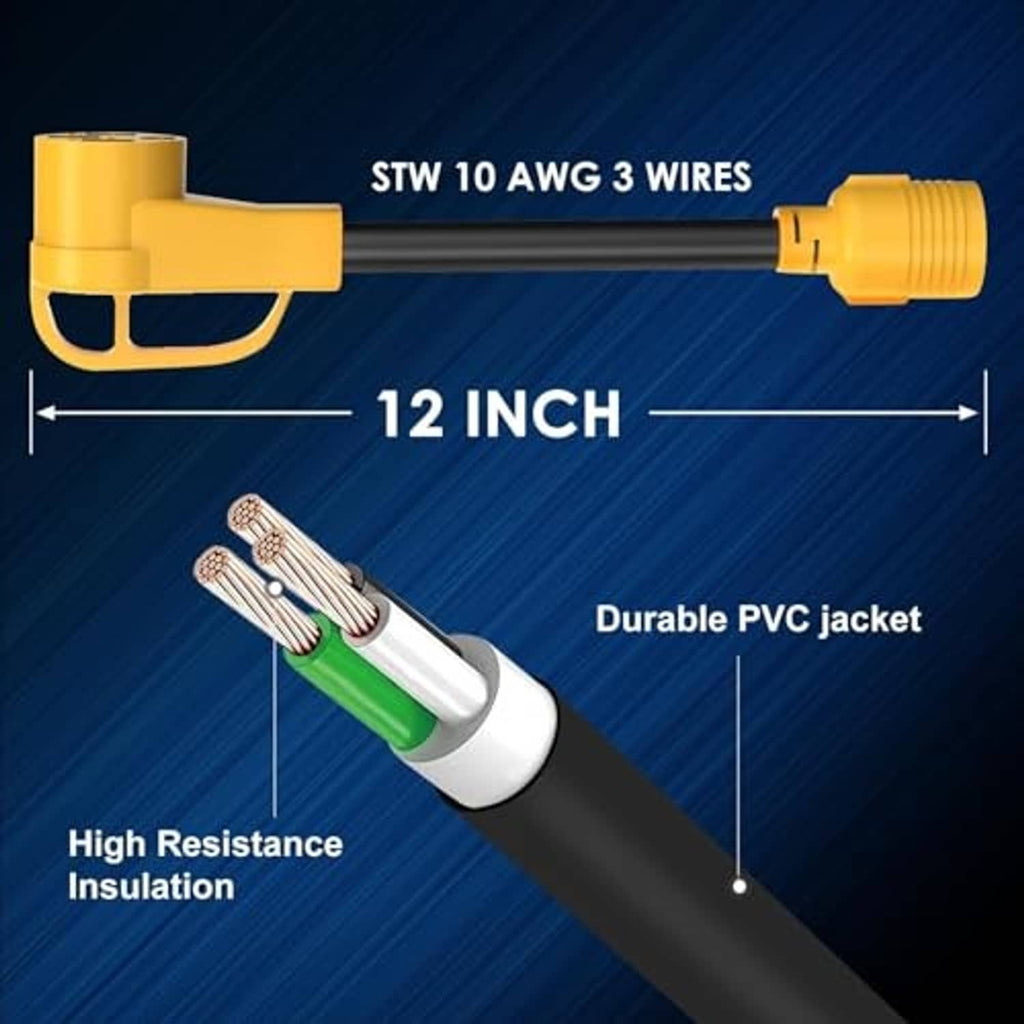 12-inch STW 10AWG three-wire adapter cord with durable PVC jacket and yellow ends