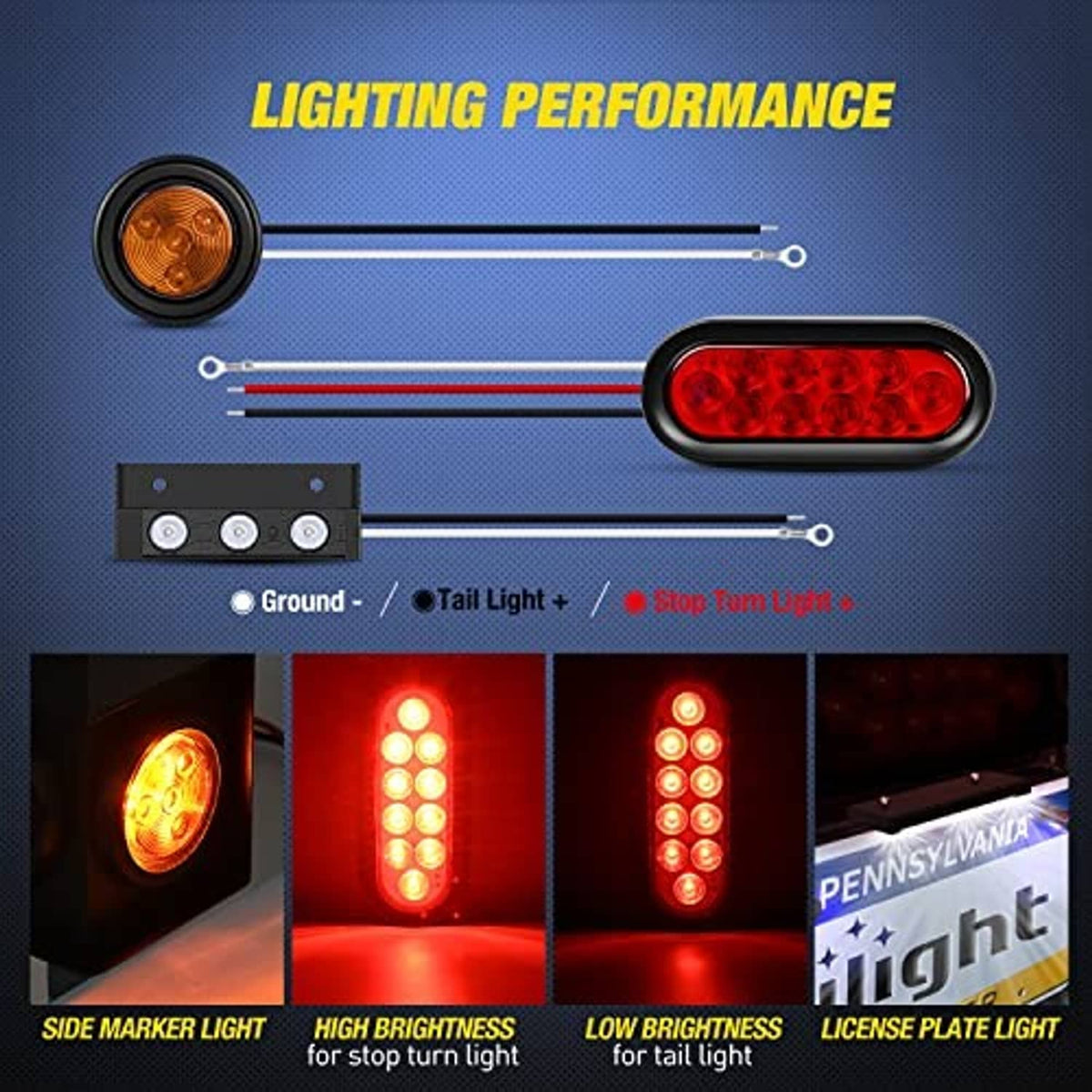Amber marker light and red oval tail light shown with wiring and brightness icons