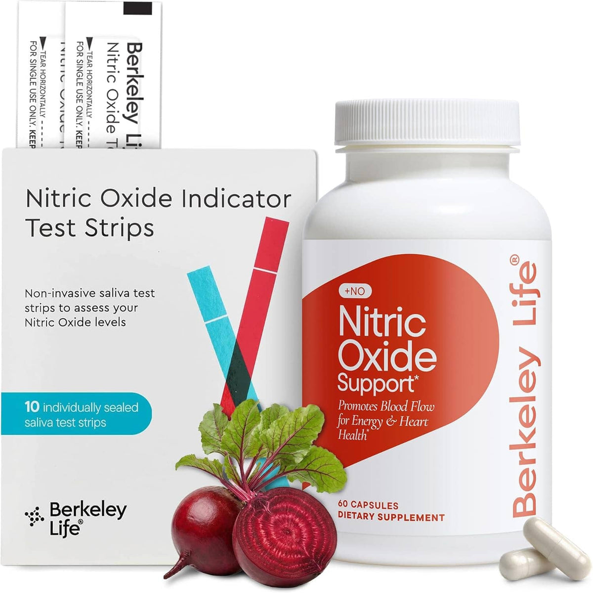 Nitric oxide indicator test strips box beside Berkeley Life supplement bottle and capsules