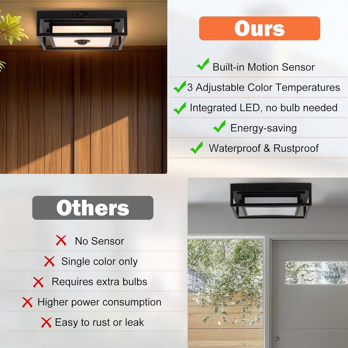 Black outdoor LED flush mount ceiling light with built-in motion sensor features