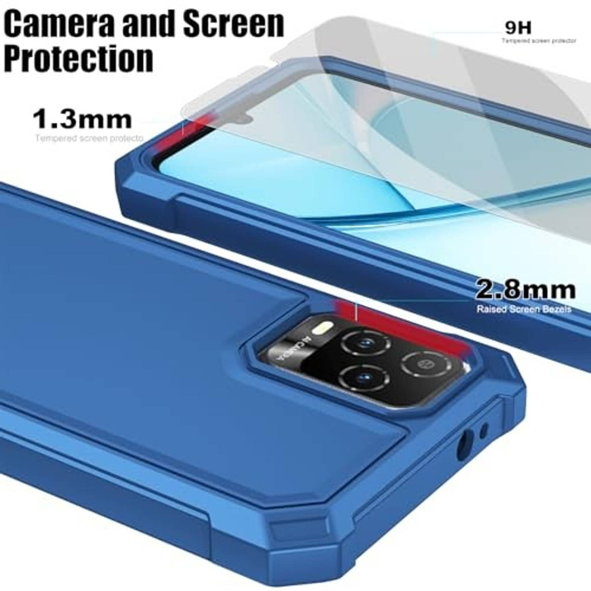 Blue case with raised screen and camera bezels for display protection