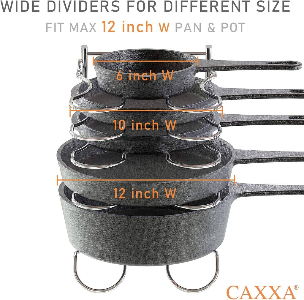 Black cookware rack with adjustable width dividers for pans and pots up to 12 in