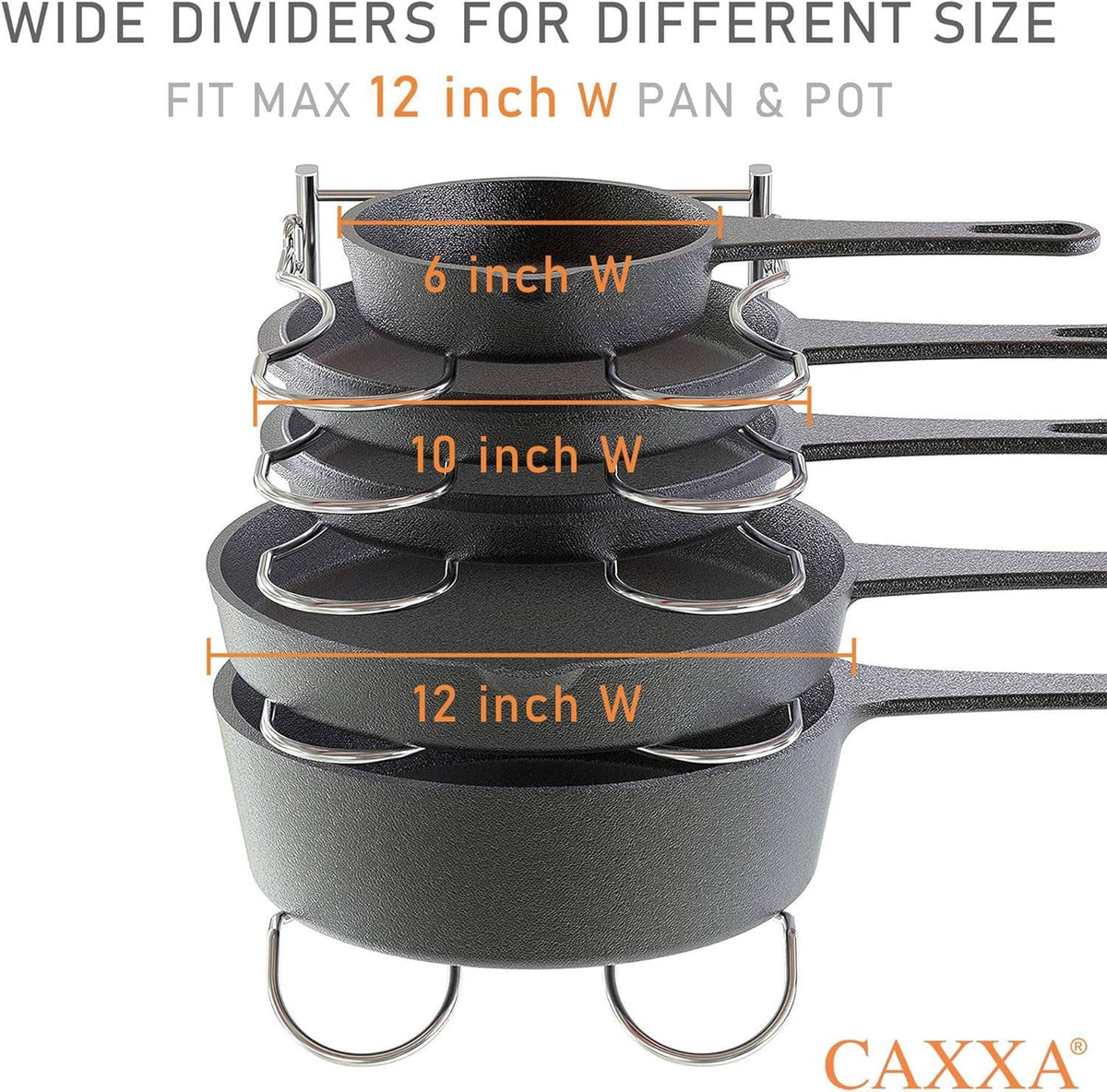 Black cookware rack with adjustable width dividers for pans and pots up to 12 in