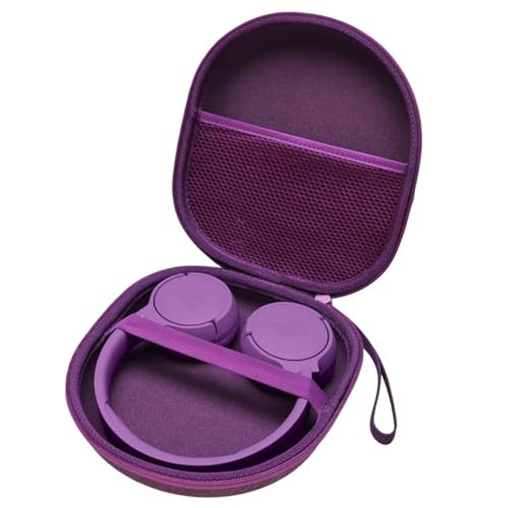 Mauve zip headphone case open, showing two earbud cups and elastic strap