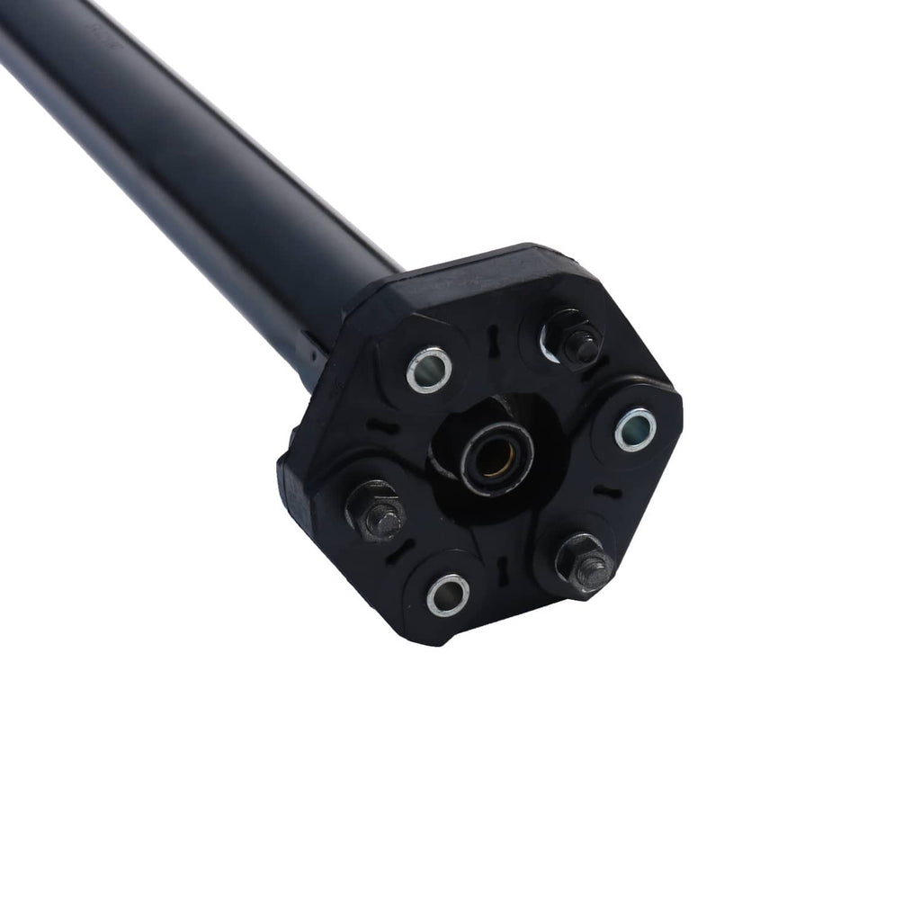 Close-up of black drive prop shaft center bearing housing with bolt holes