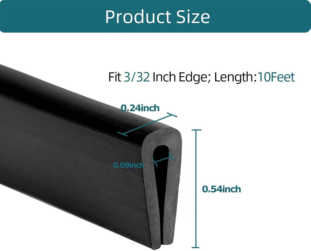 Black U-channel rubber edge trim, shown with side-profile dimensions and hollow channel