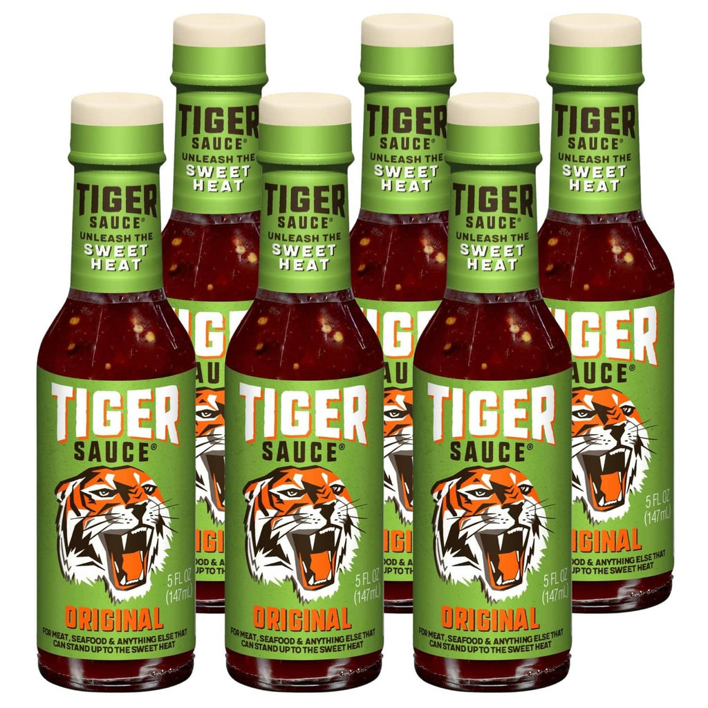 Tiger Sauce original hot sauce bottles, green caps and dark red label design