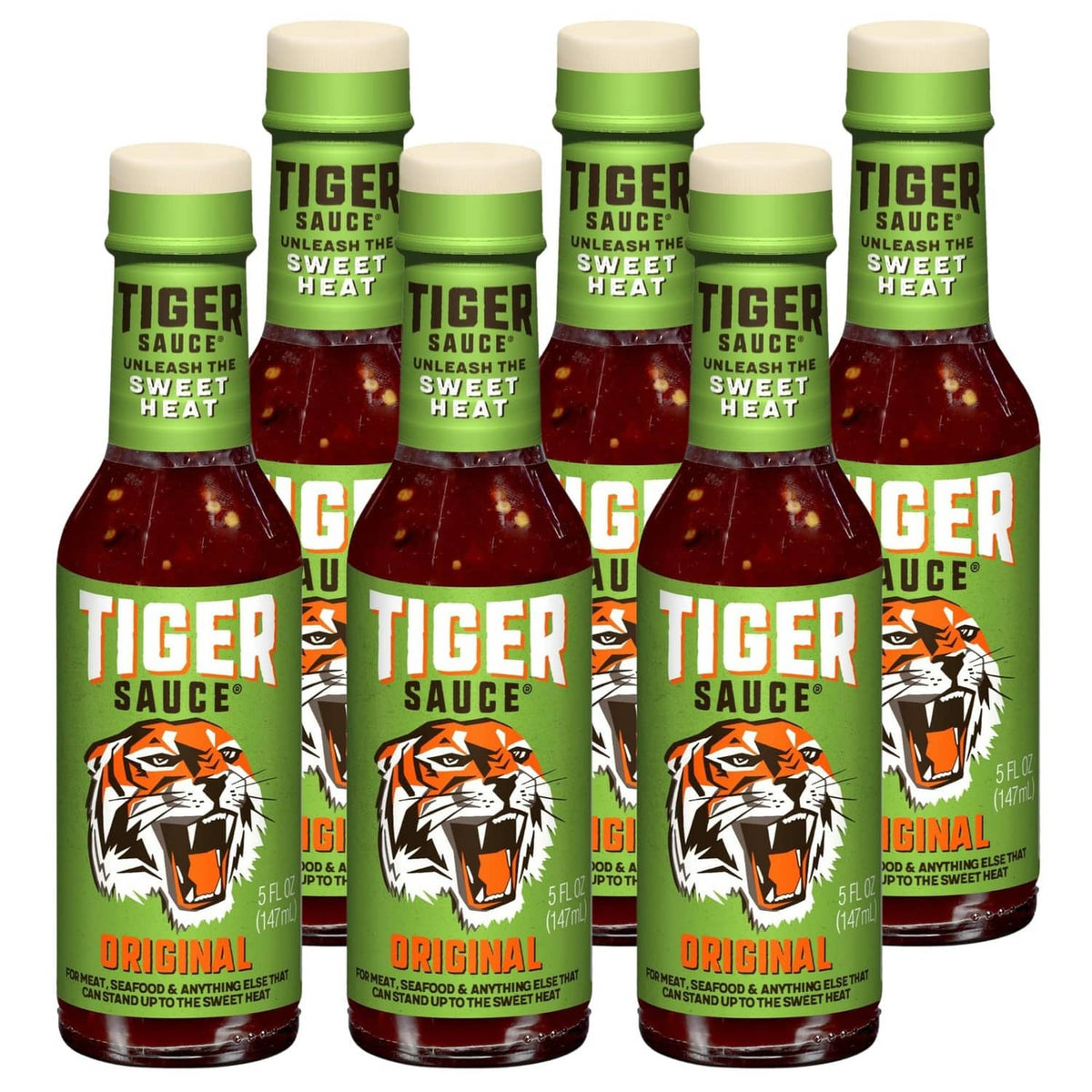 Tiger Sauce original hot sauce bottles, green caps and dark red label design