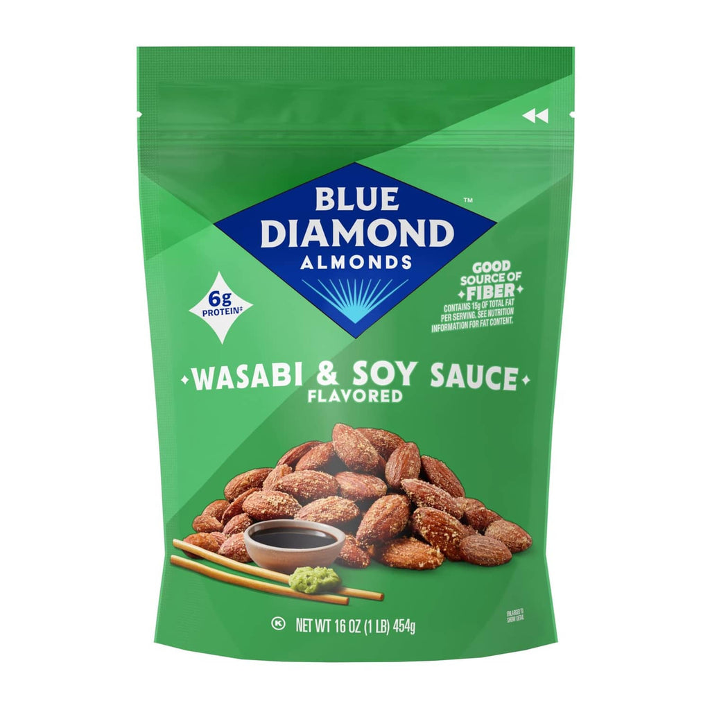 Wasabi & soy sauce flavored almonds bag in green with Blue Diamond logo