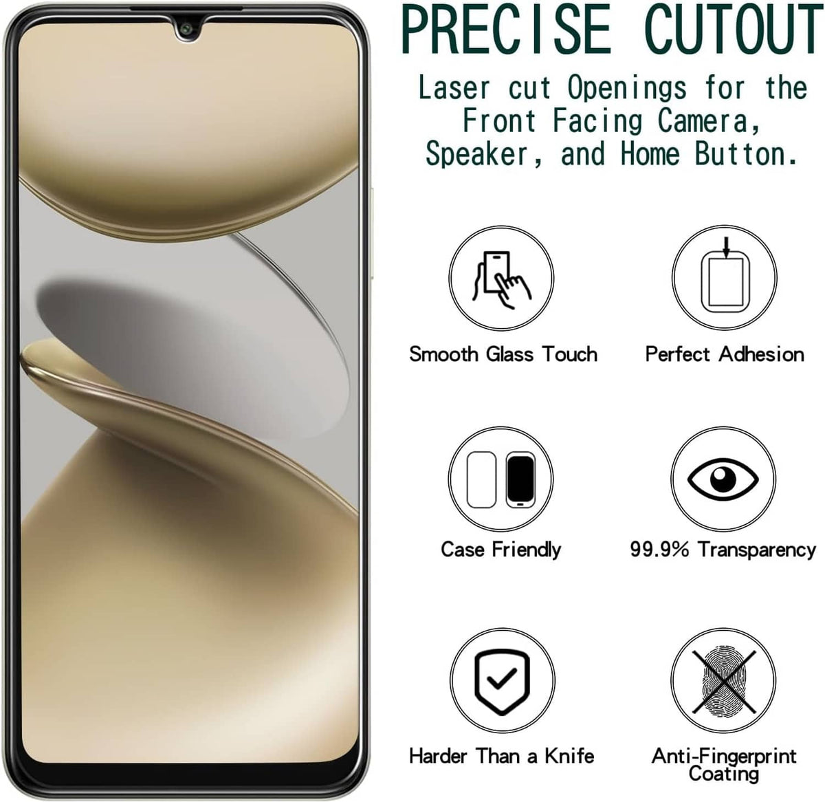 Tempered glass screen protector with precise cutouts for front camera, speaker, home button