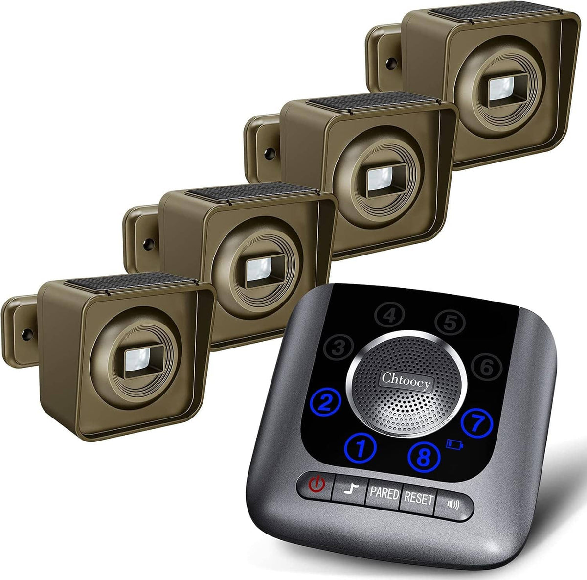 Wireless outdoor alarm sensor units and black remote receiver with numbered buttons
