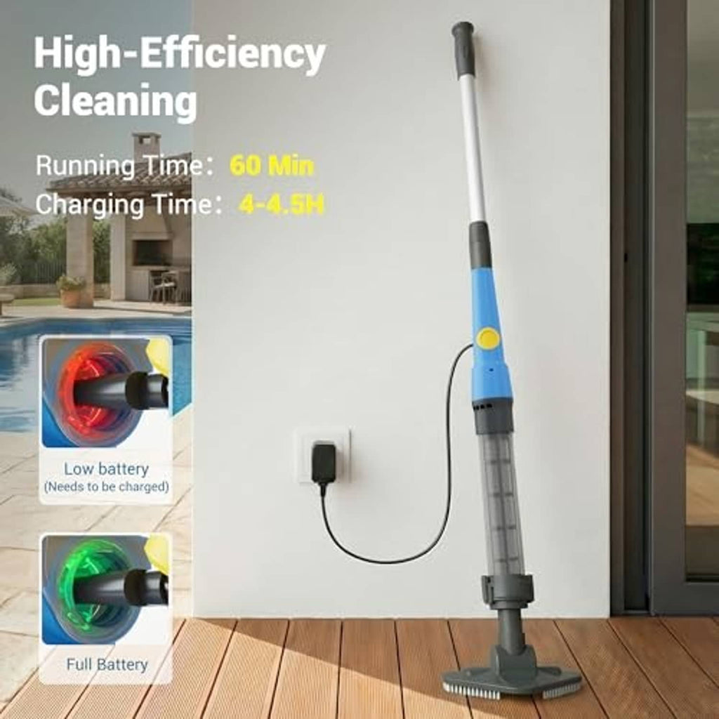 Cordless pool vacuum standing upright with wide brush head and charging cable
