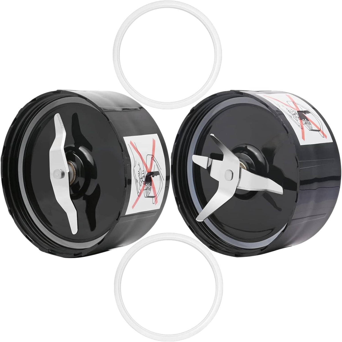 Blender replacement blade set with two black cutting blades and white gasket rings