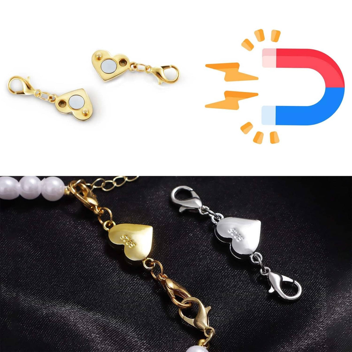 Magnetic jewelry clasp in gold and silver tones with heart-shaped plates and chain links