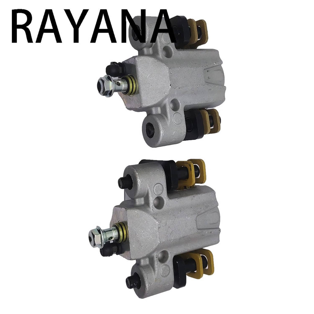 Pair of silver-gray front brake calipers with threaded fittings and black rubber boots.