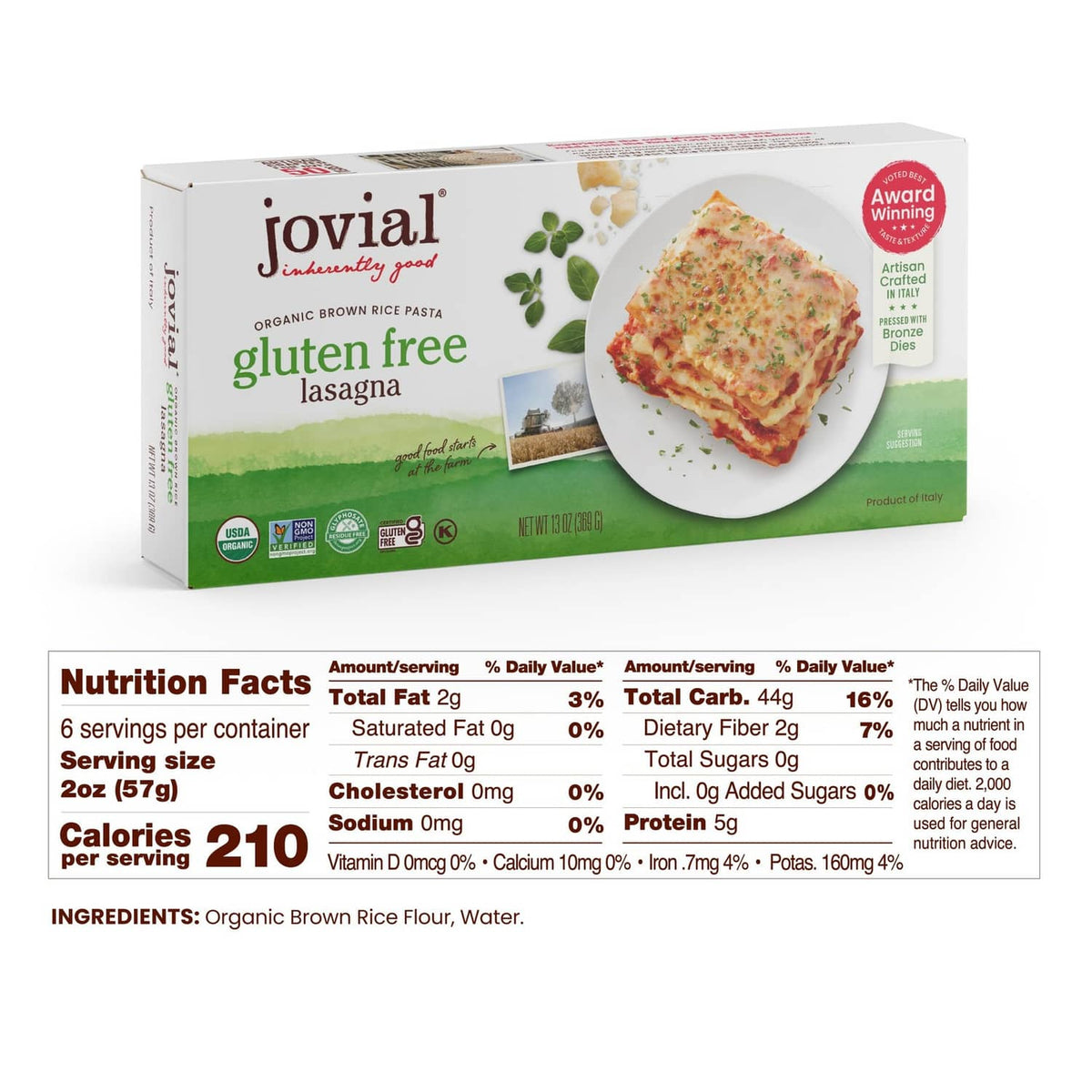 Gluten-free lasagna noodles box with nutrition facts panel