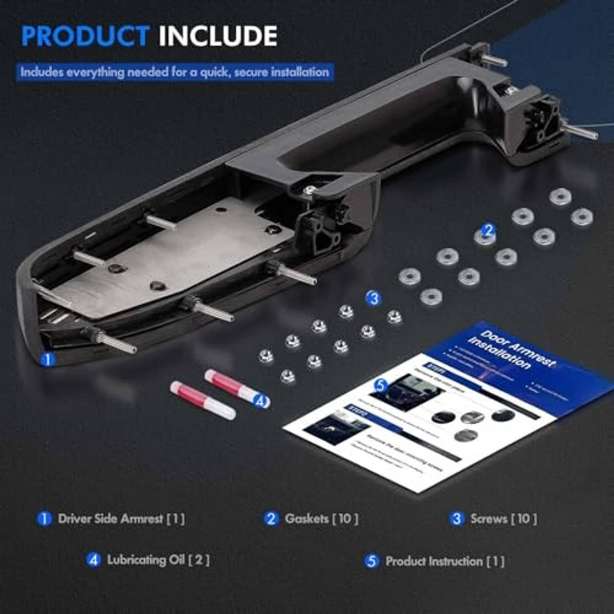 Driver-side armrest repair kit contents: bracket, gaskets, screws, and instruction card