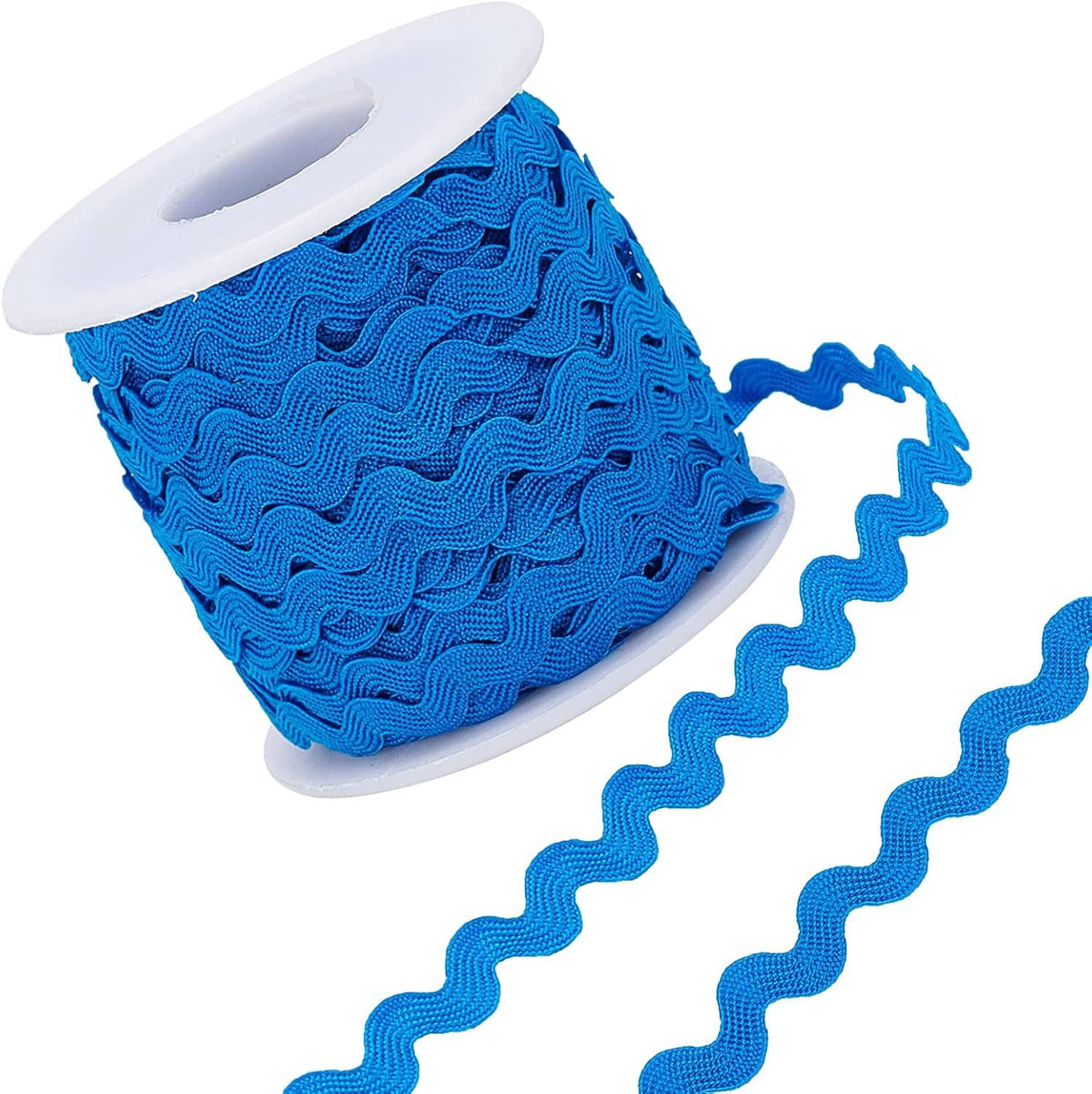 Blue wave sewing ribbon trim, ruffled wavy edge fringe, shown on a spool.