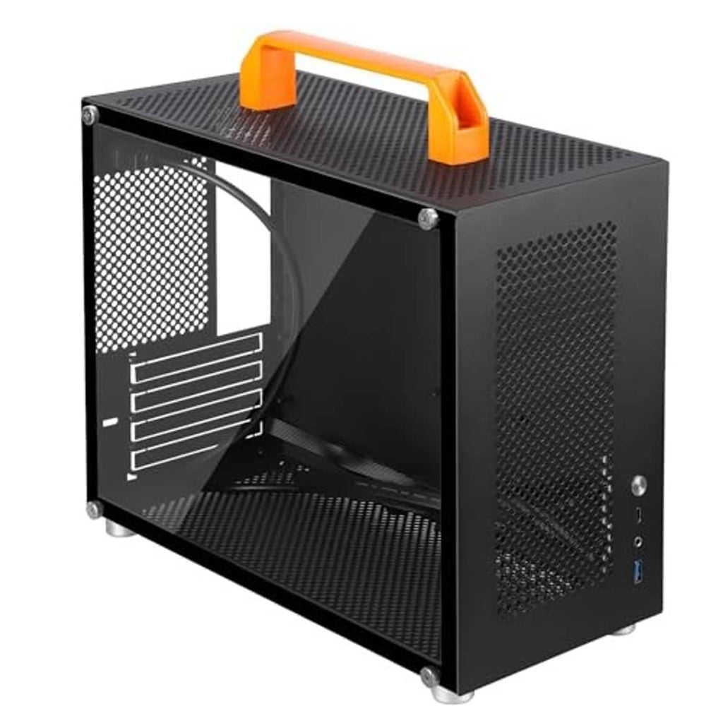 SFF mini-tower PC case front view with orange top handle and black mesh window