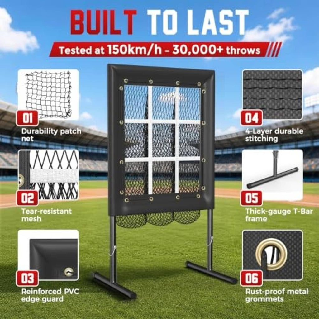 Baseball strike-zone pitching net with 9-hole grid on T-bar frame, reinforced mesh