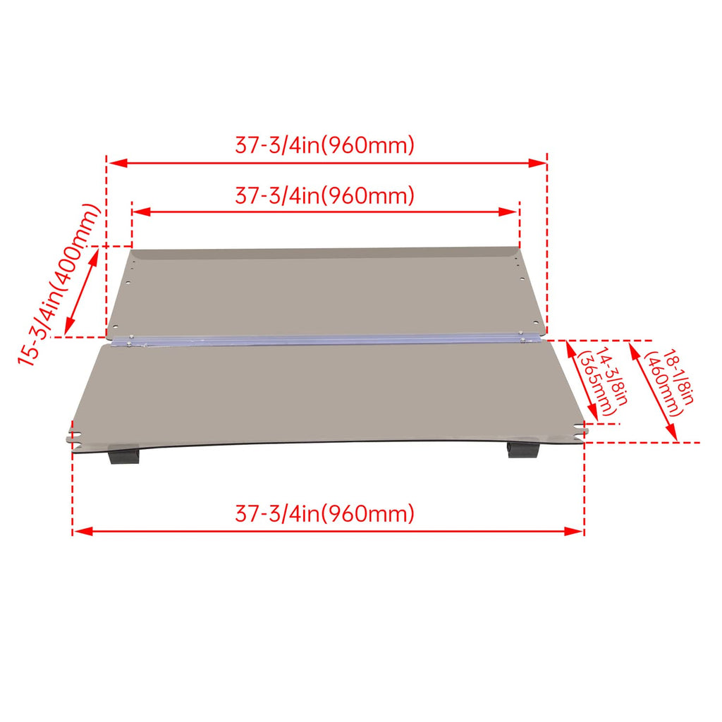 Tinted fold-down windshield panel with mounting dimensions shown on diagram