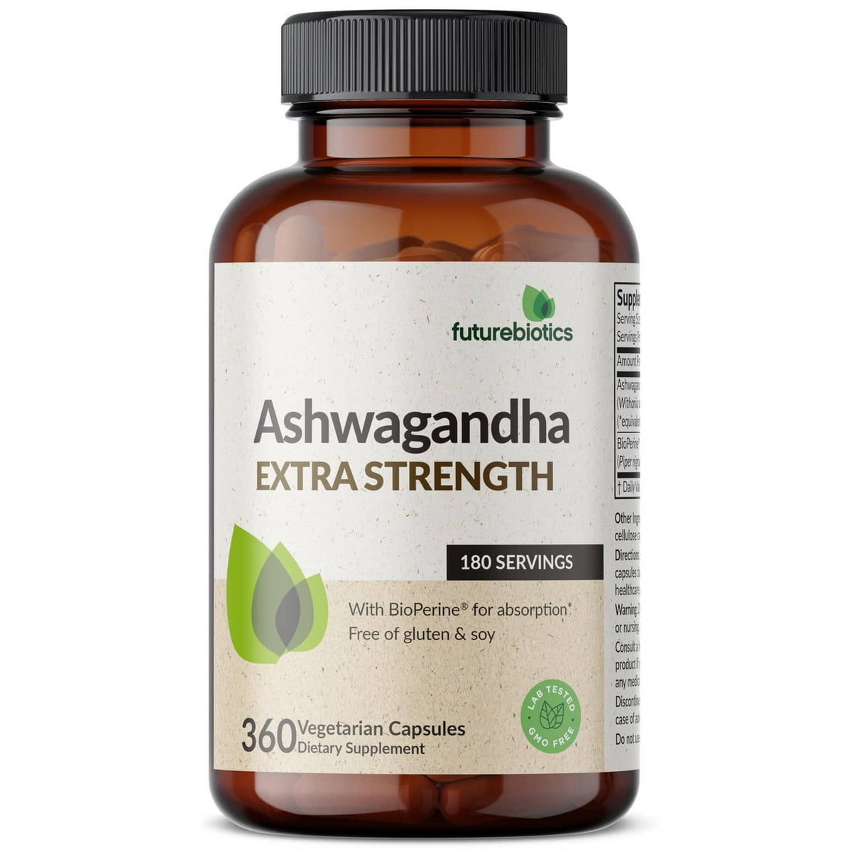 Amber Ashwagandha bottle front label with BioPerine, 180 servings, vegetarian capsules