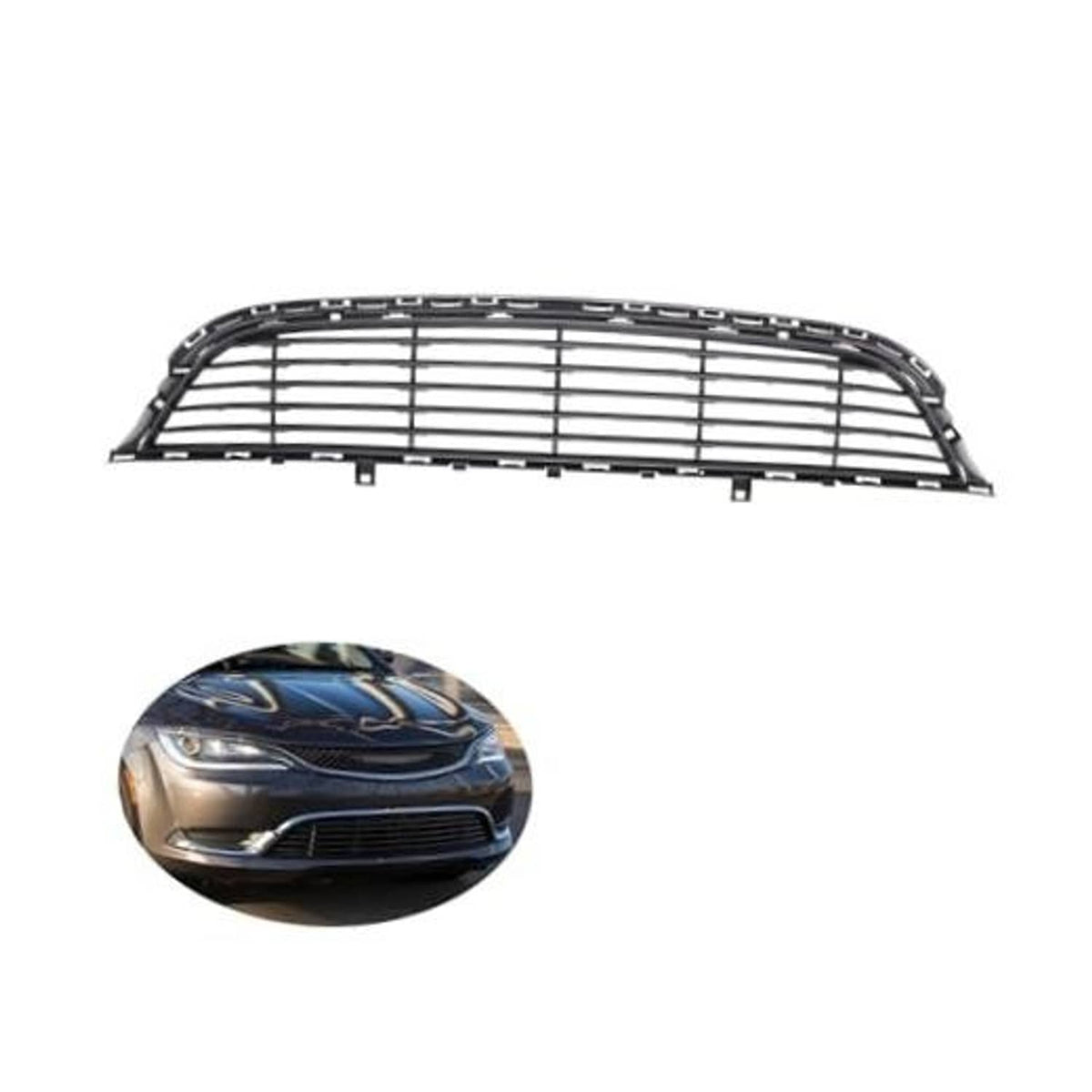 Front lower grille insert with black frame and horizontal crosshatch bars, no fog lamp cutouts