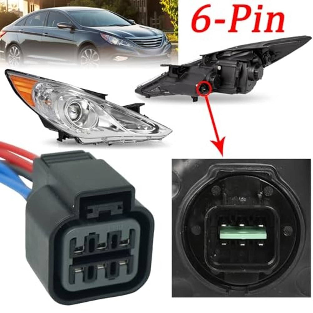 6-pin headlamp connector pigtail, close-up of gray plug and terminal pins