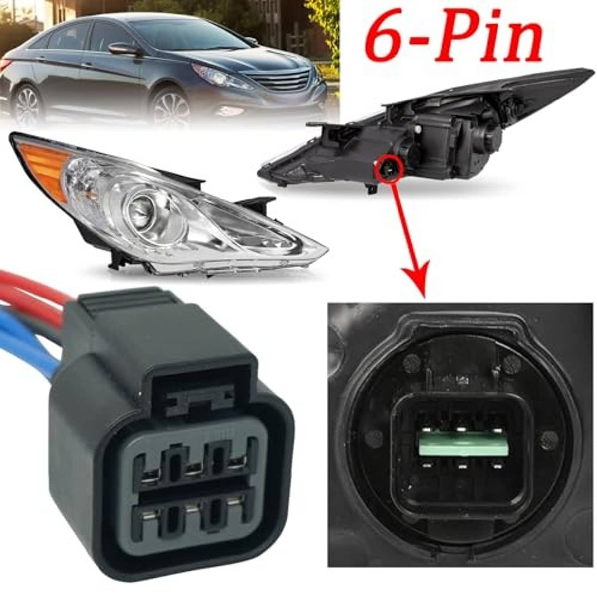 6-pin headlamp connector pigtail, close-up of gray plug and terminal pins