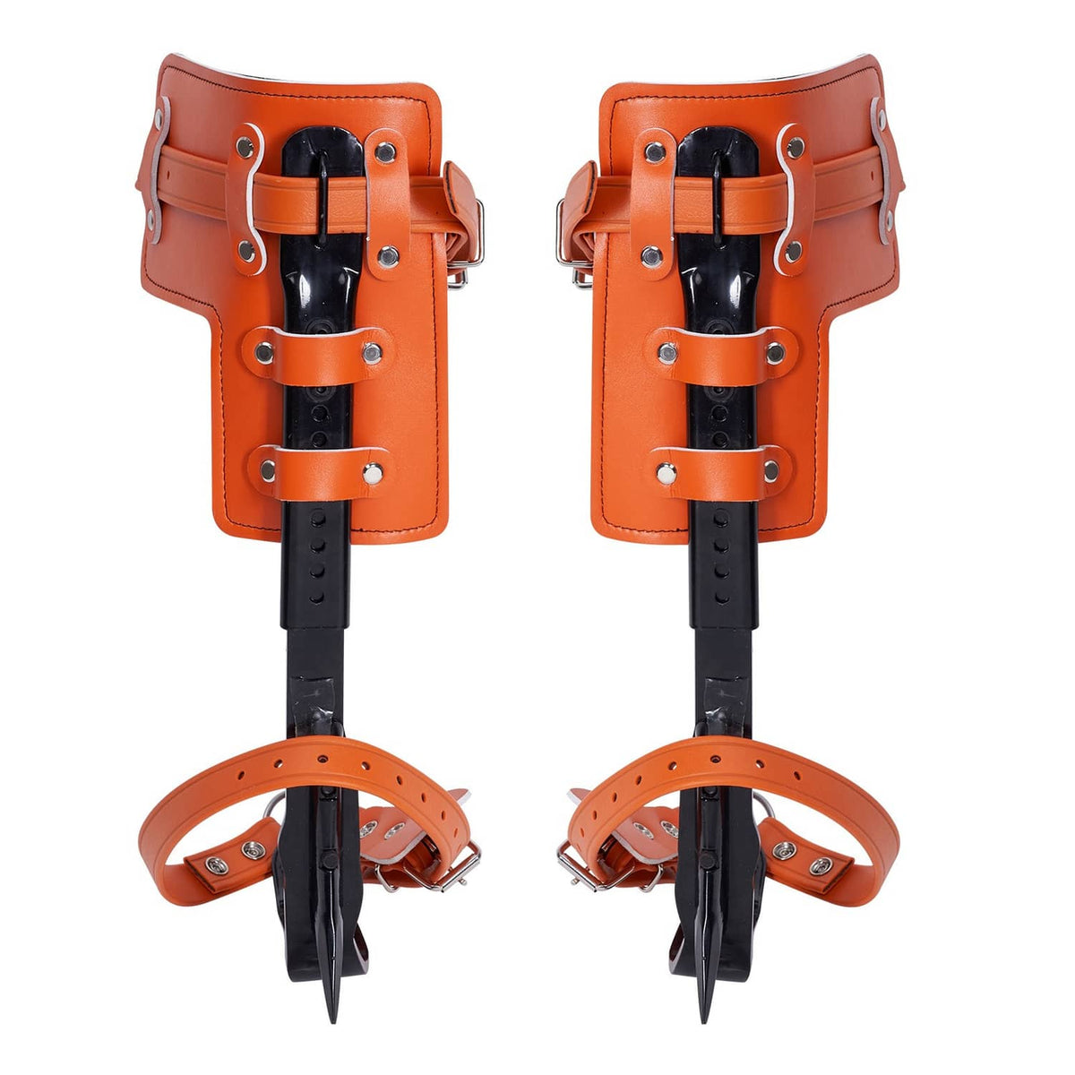 Orange-and-black climber spurs with adjustable straps and downward steel spikes