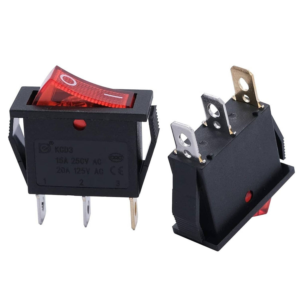 Illuminated red rocker switch with black housing, front and back terminal views