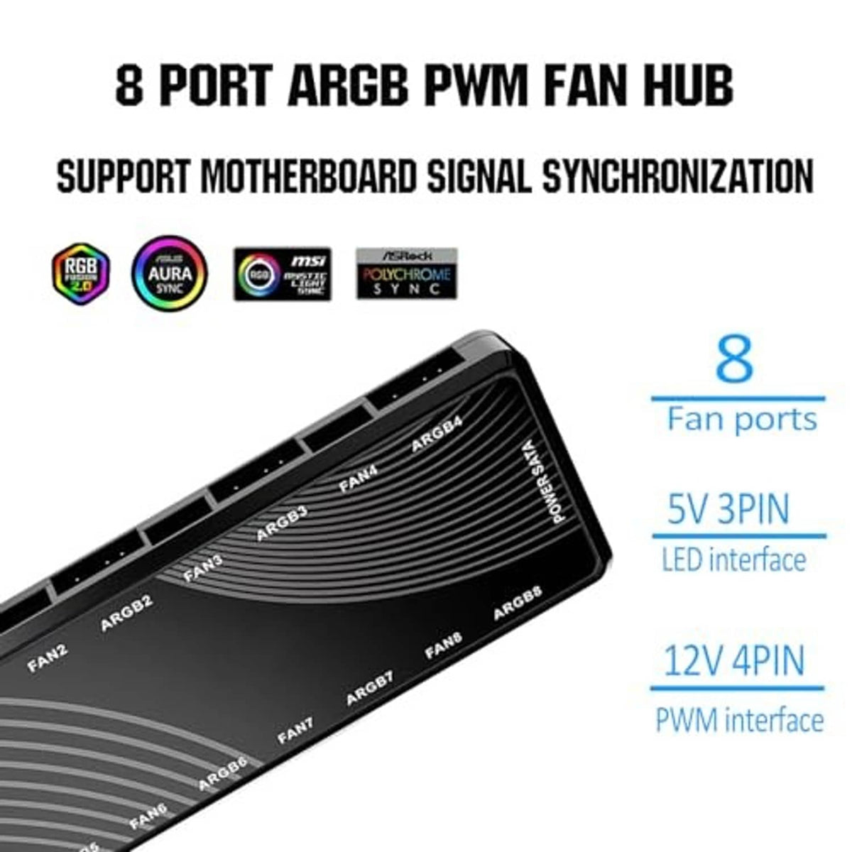 8-port ARGB PWM fan hub angled view, highlighting 5V 3-pin ARGB and 12V 4-pin PWM