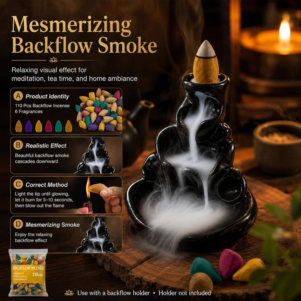 Backflow incense cone set with black burner emitting white backflow smoke