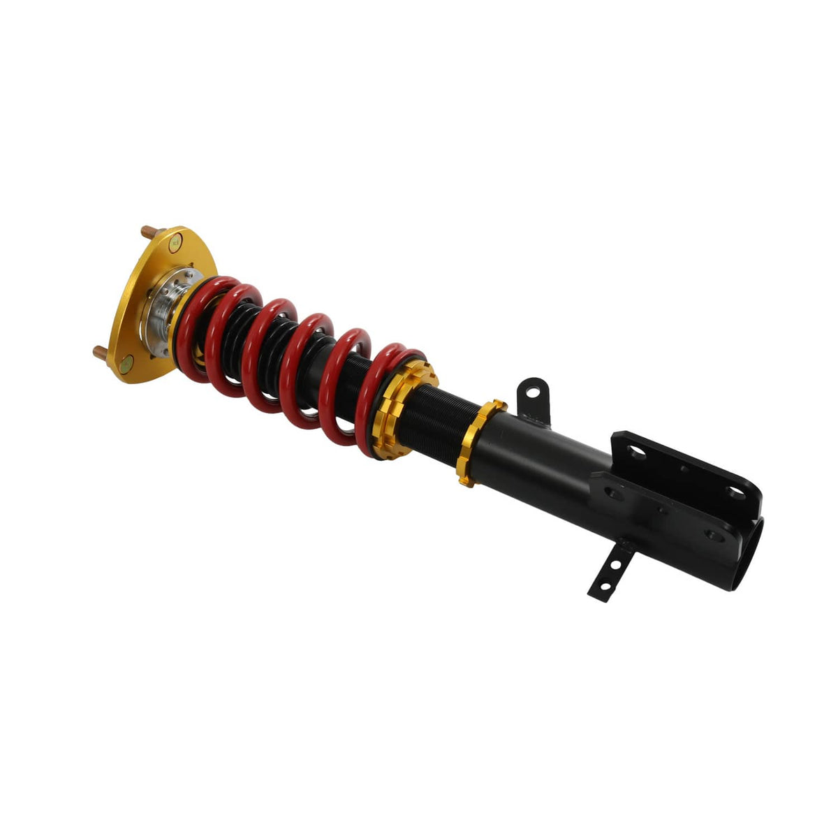 Coilover suspension strut assembly with red coil spring, gold hardware, black bracket