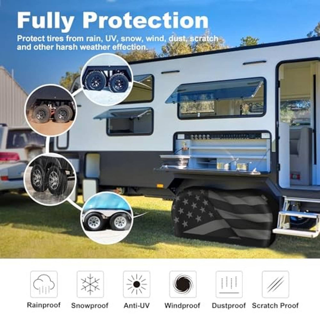 Black American flag dual-axle tire cover on RV with full side coverage