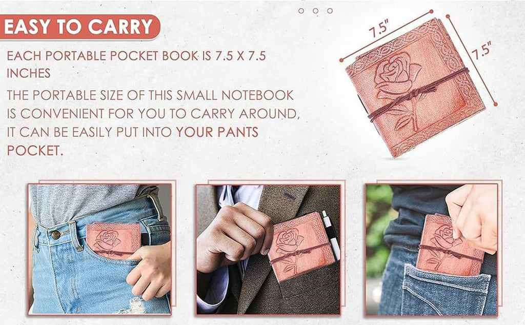 Embossed leather mini pocket notebook set with tied covers for easy carrying in pocket
