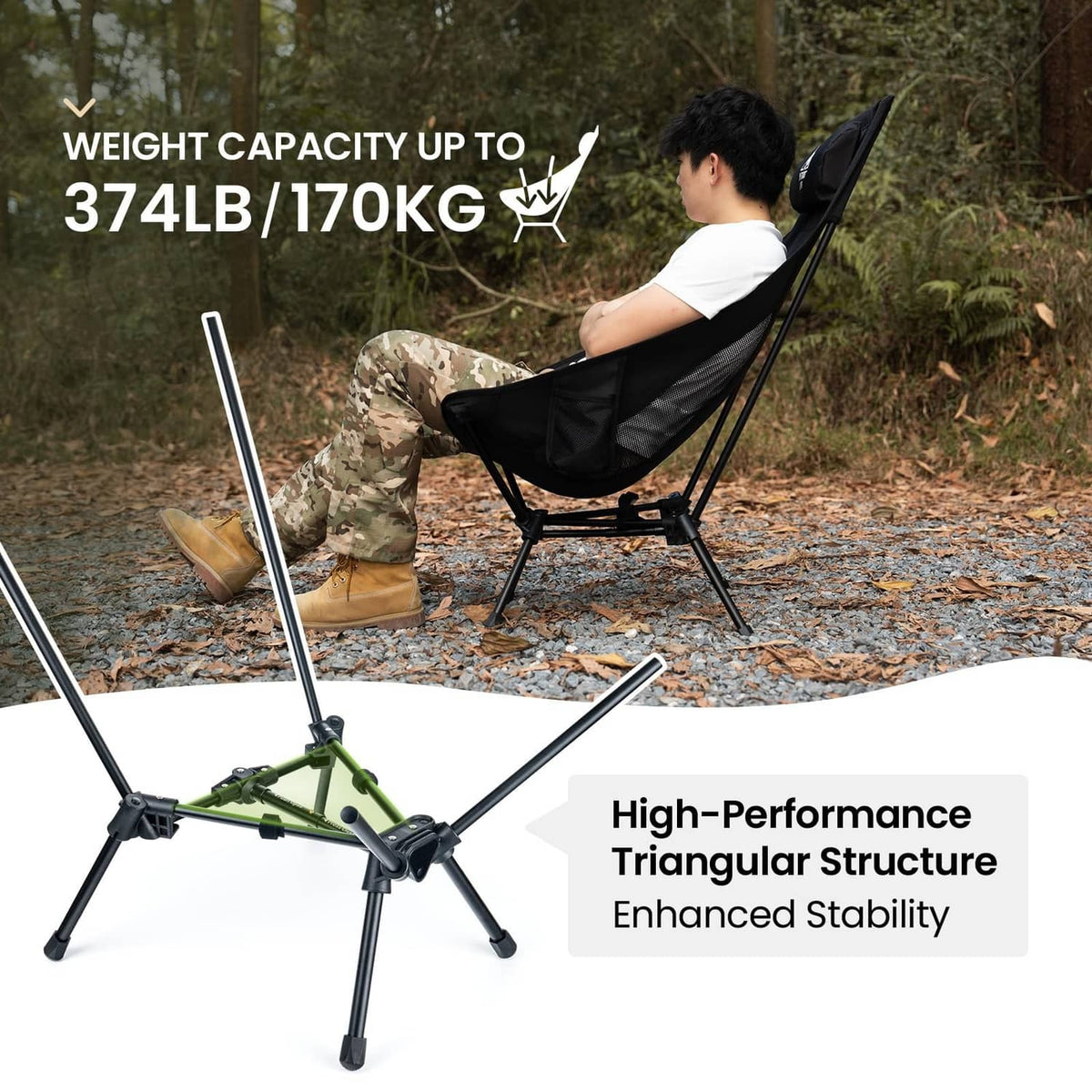 Black oversized high-back camping chair with reinforced triangular frame