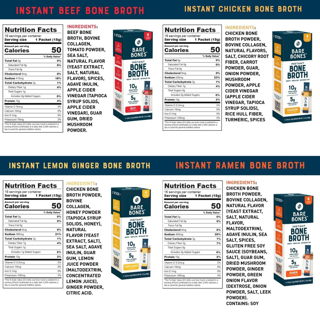 Instant bone broth powder packets nutrition facts and ingredients, assorted flavors
