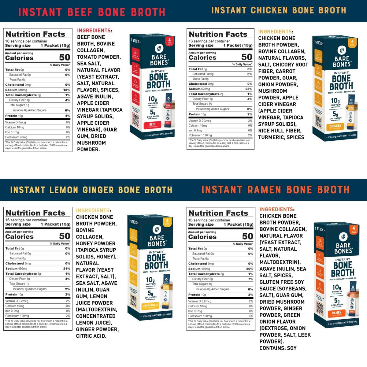 Instant bone broth powder packets nutrition facts and ingredients, assorted flavors