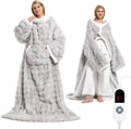 Light gray wearable heated blanket robe with hood, sleeves, and front kangaroo pocket; controller