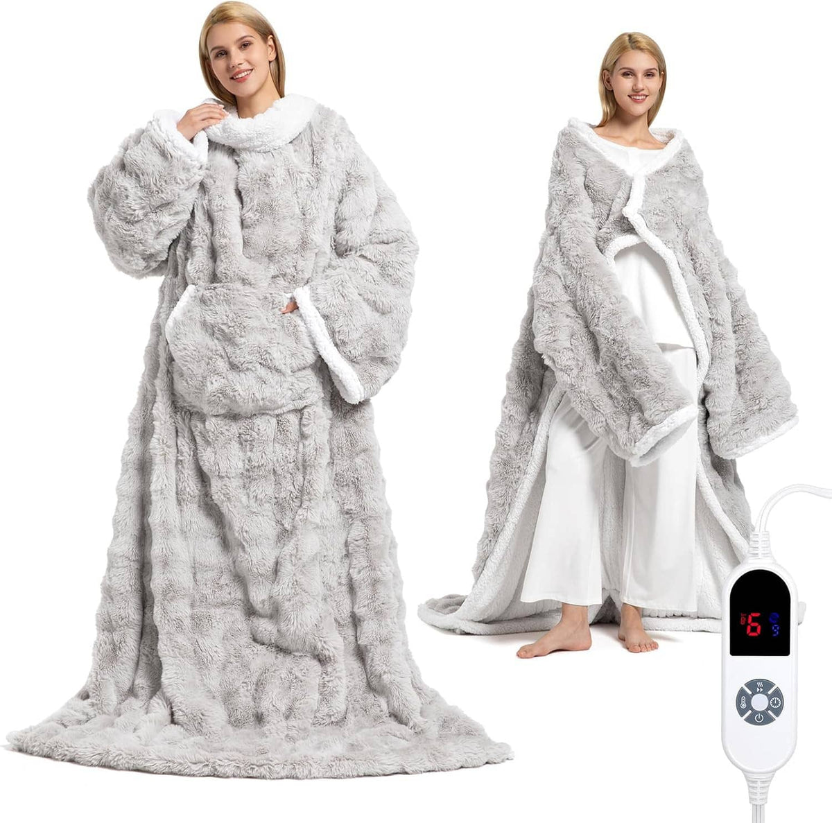 Light gray wearable heated blanket robe with hood, sleeves, and front kangaroo pocket; controller