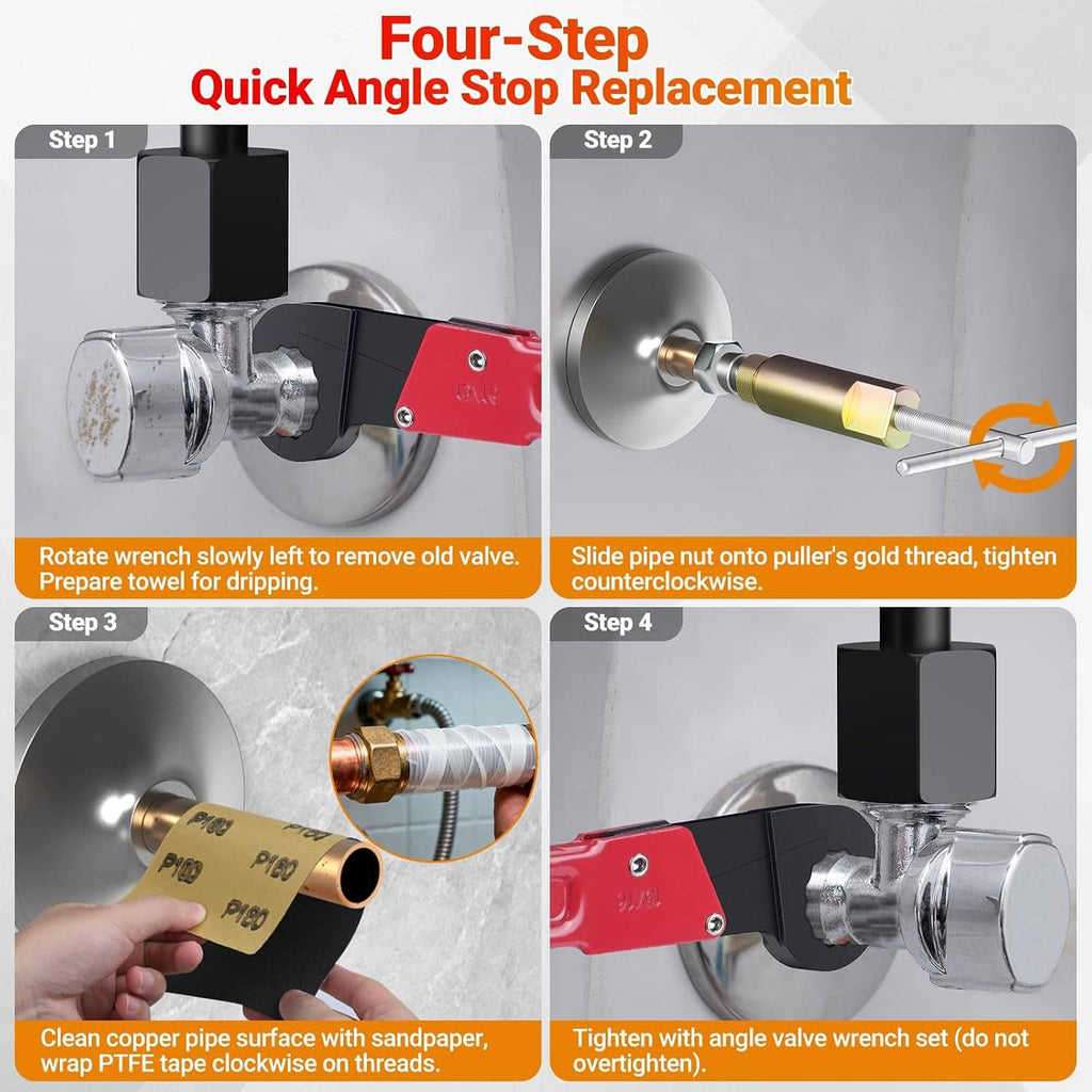 Angle stop wrench used on a chrome valve, showing removal and tightening steps