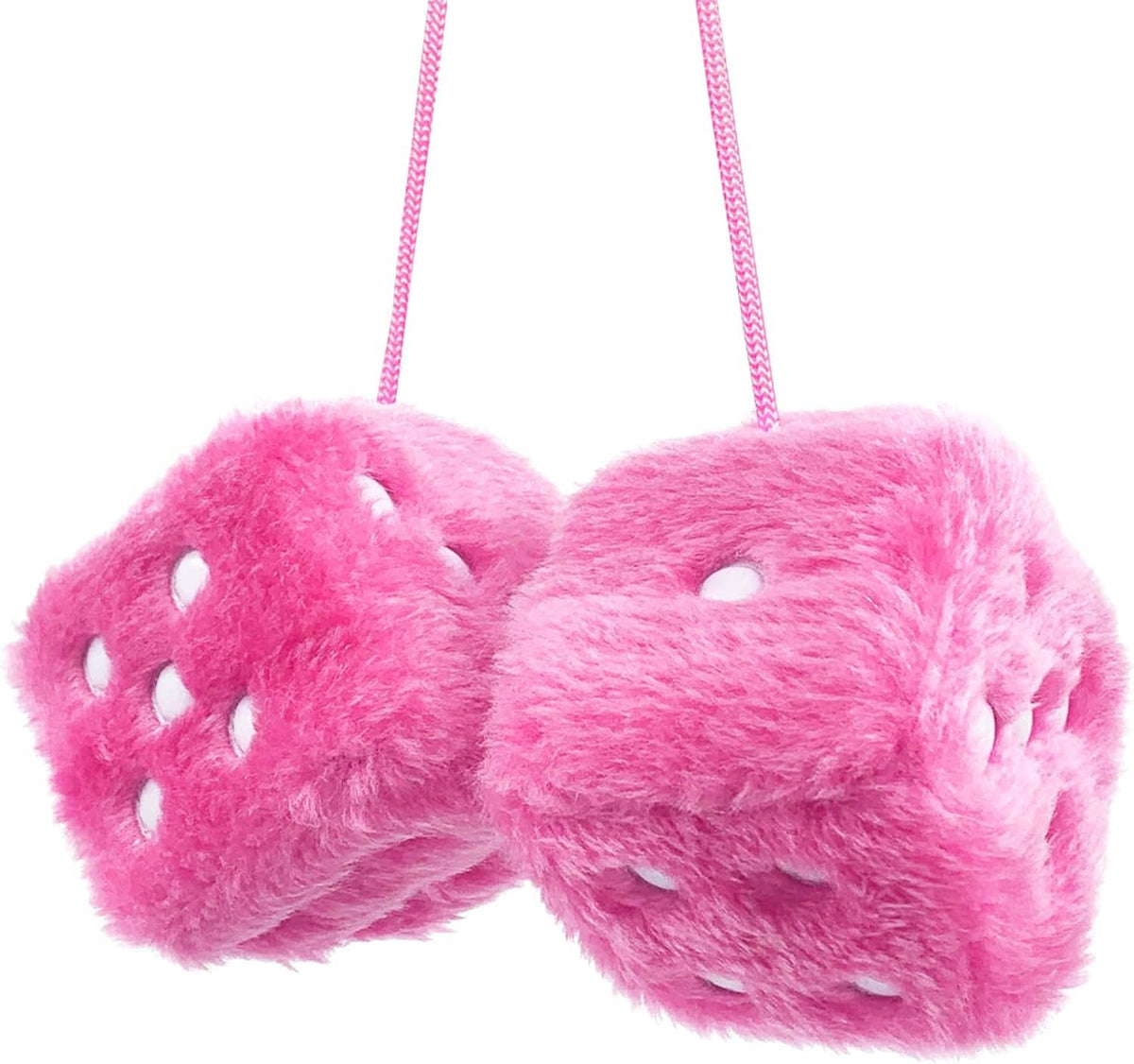 Pink plush dice pair with hanging cords for car rear-view mirror decor